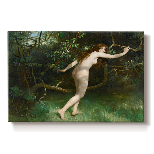 Canvas art print portraying a nude female figure standing in natural setting, set against a white background
