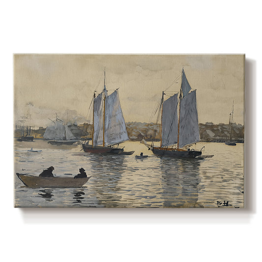 Canvas art print portraying two sailing ships positioned side by side on calm water, set against a white background