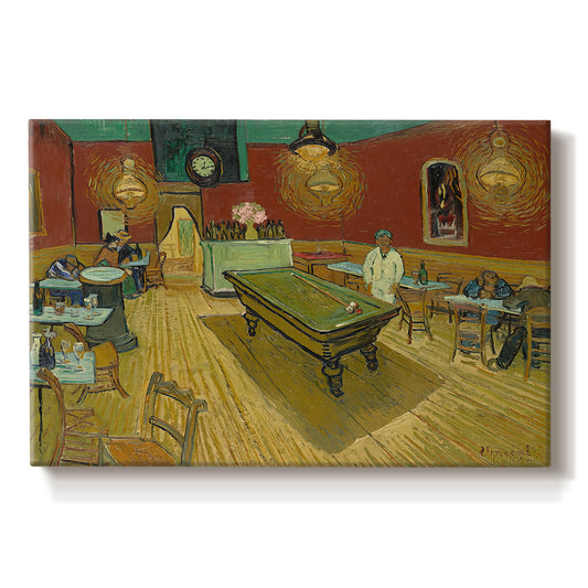 Canvas art print portraying a café interior with billiard table, lamps, and scattered figures under red walls, set against a white background