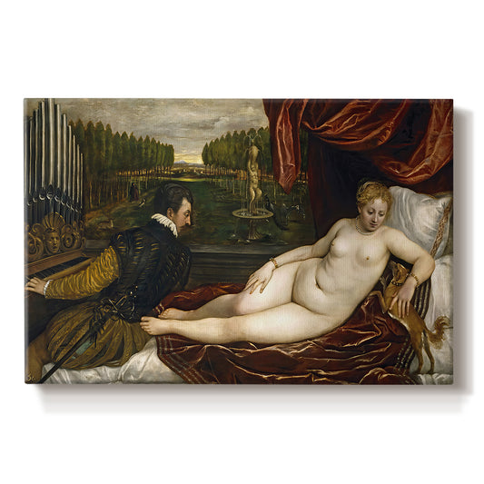 Canvas art print portraying a reclining nude woman with organist nearby and dog at foot of bed, set against a white background