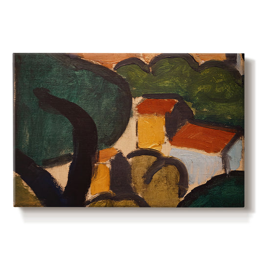 Canvas art print portraying simplified houses and trees arranged in a geometric landscape, set against a white background