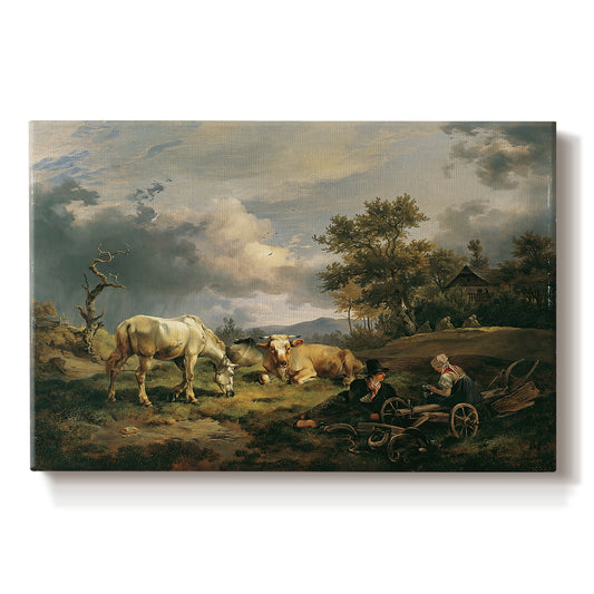 Canvas art print portraying a couple seated resting in open field, set against a white background