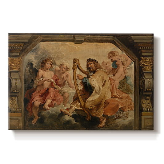 Canvas art print portraying a seated figure playing harp with attendants, set against a white background