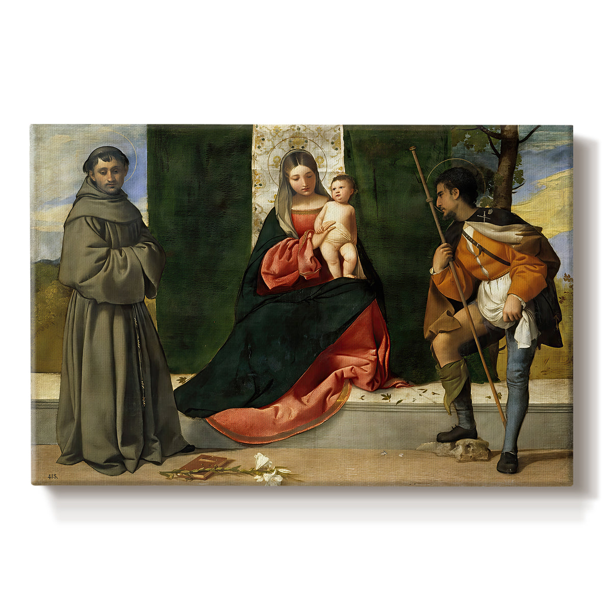 Canvas art print portraying Madonna and child seated with two saints in architectural devotional scene, set against a white background