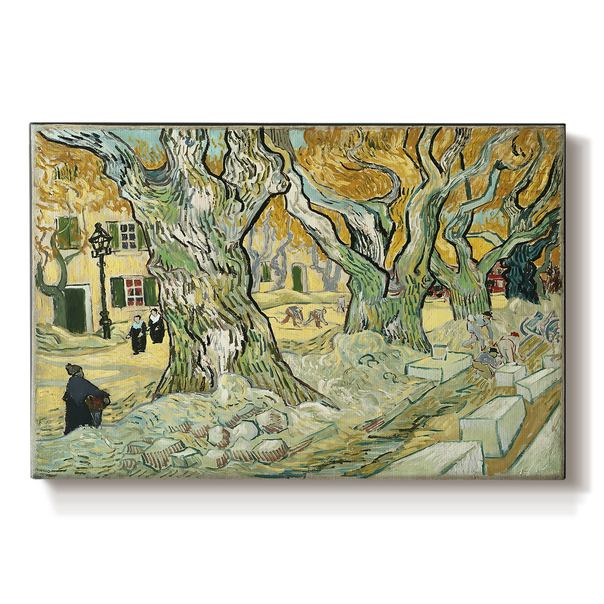 Canvas art print portraying a road lined with large trees where workers are gathered along path, set against a white background