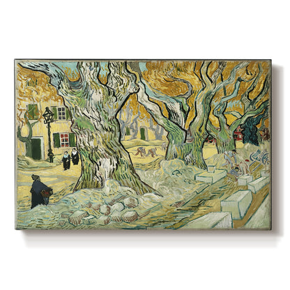 Canvas art print portraying a road lined with large trees where workers are gathered along path, set against a white background
