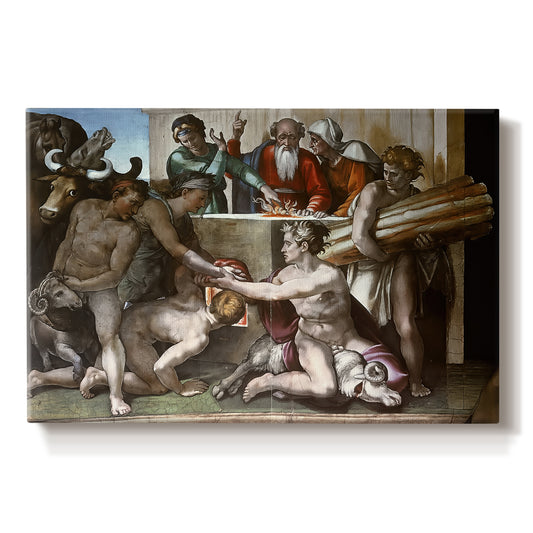 Canvas art print portraying a group of figures around altar performing sacrificial ritual, set against a white background