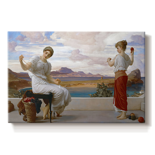 Canvas art print portraying a woman holding thread while another figure helps wind yarn in classical setting, set against a white background