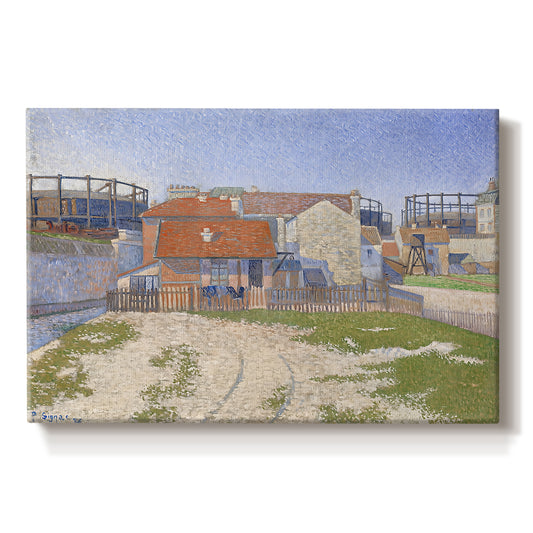 Canvas art print portraying industrial gas structures in urban landscape, set against a white background