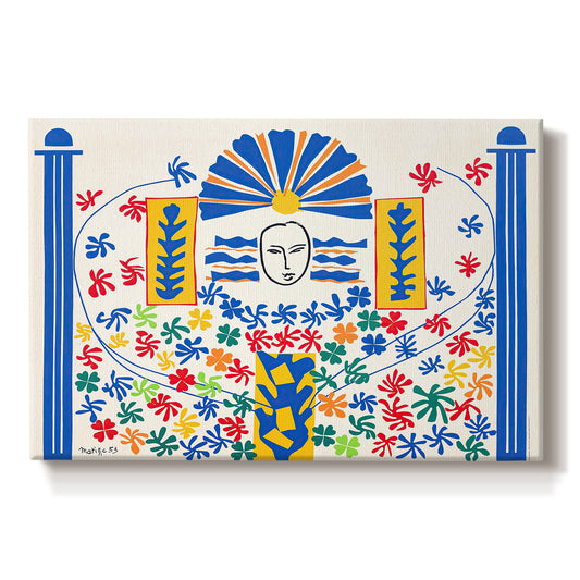 Canvas art print portraying an abstract geometric composition with stylized human and decorative elements, set against a white background