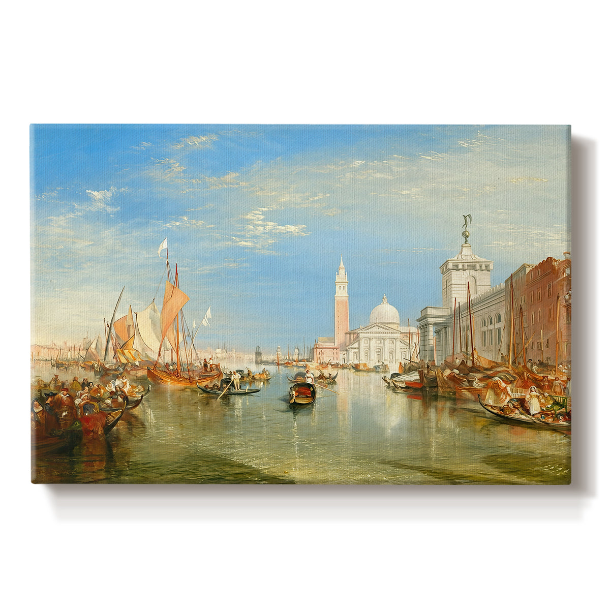 Canvas art print portraying a Venetian waterfront with boats and iconic buildings, set against a white background