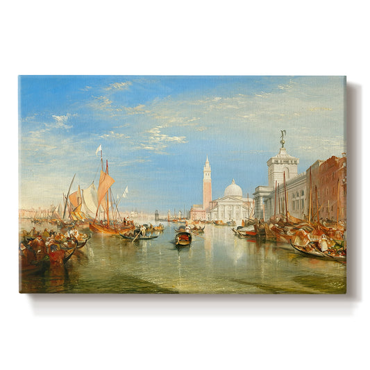 Canvas art print portraying a Venetian waterfront with boats and iconic buildings, set against a white background