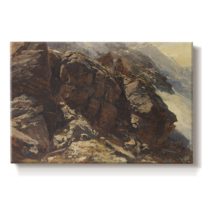 Canvas art print portraying a rocky alpine terrain with steep slopes and distant mountain peaks, set against a white background