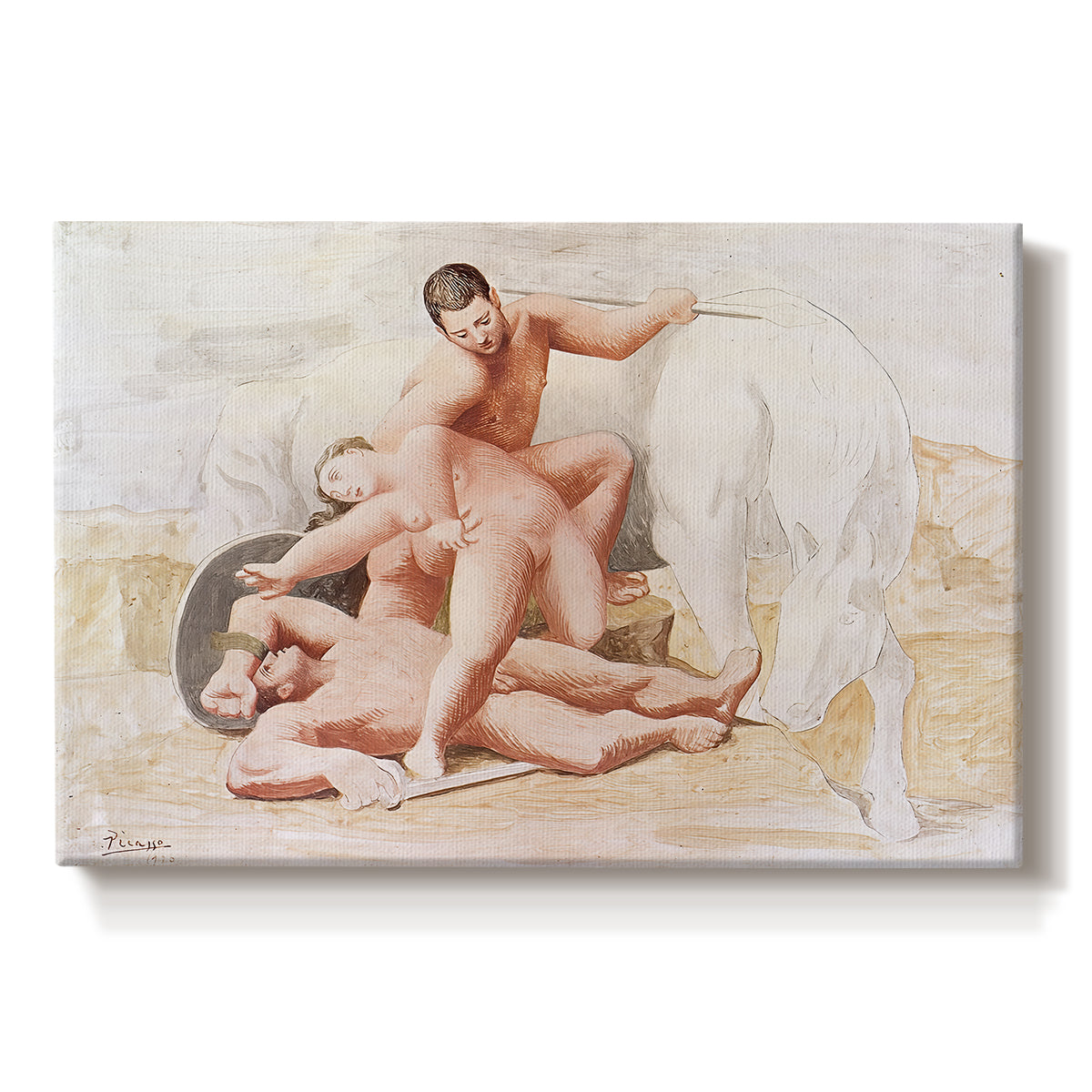 Canvas art print portraying intertwined figures in dynamic pose suggesting struggle, set against a white background