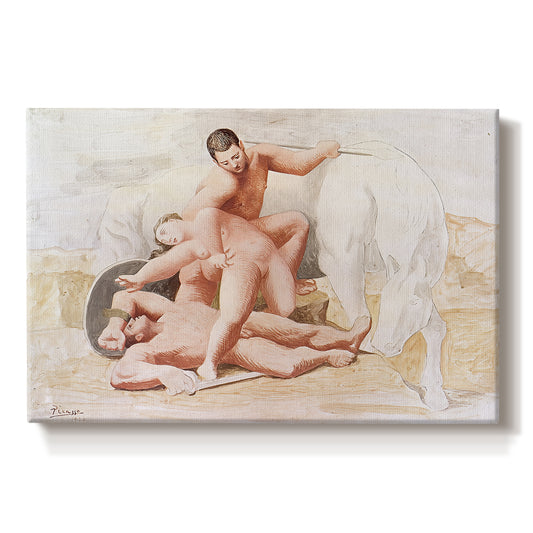 Canvas art print portraying intertwined figures in dynamic pose suggesting struggle, set against a white background
