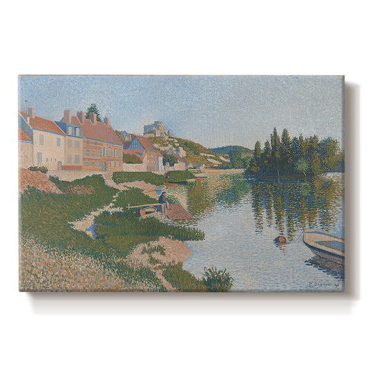 Canvas art print portraying a hillside town overlooking river with buildings and terrain, set against a white background