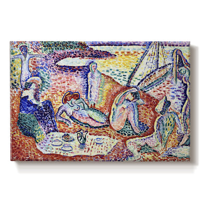 Canvas art print portraying figures lounging outdoors in a vibrant coastal setting with water views, set against a white background