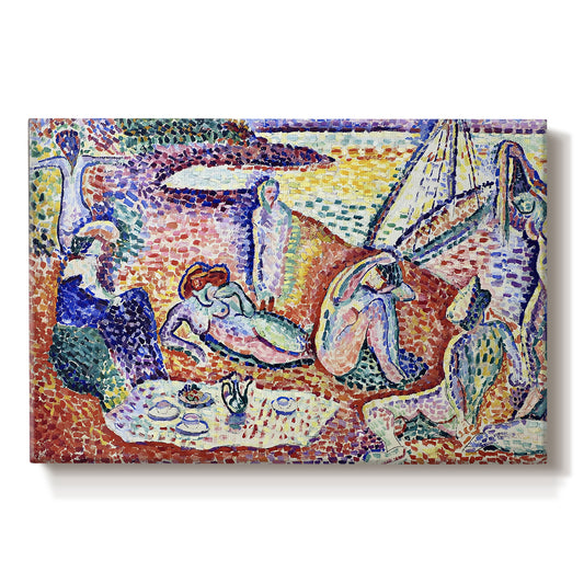 Canvas art print portraying figures lounging outdoors in a vibrant coastal setting with water views, set against a white background