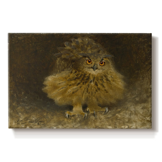 Canvas art print portraying a large owl perched on branch in shadowy natural forest setting, set against a white background