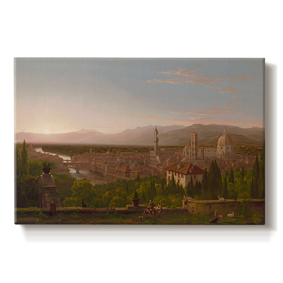 Canvas art print portraying a city of Florence viewed from elevated vantage point with surrounding hills, set against a white background