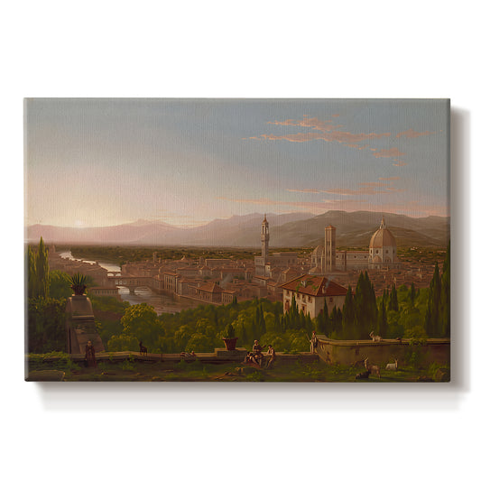 Canvas art print portraying a city of Florence viewed from elevated vantage point with surrounding hills, set against a white background