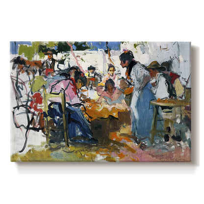 Canvas art print portraying a group of workers repairing fishing nets in outdoor coastal setting, set against a white background