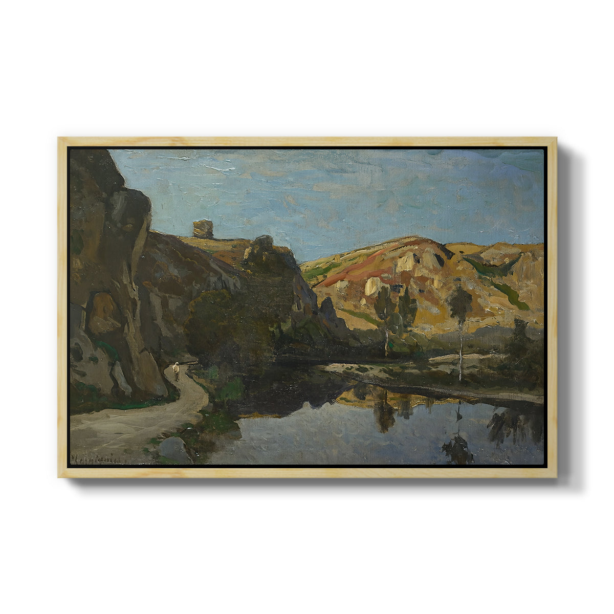 River Landscape with Cliffs, c. 1850-1860 - Floater Framed Canvas Print