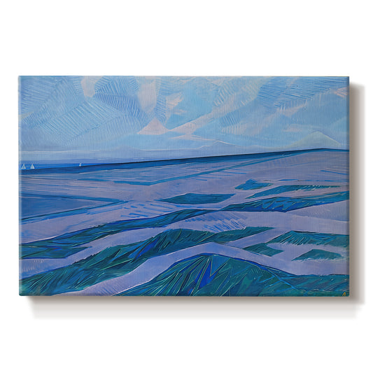 Canvas art print portraying coastal dunes and water in horizontal color bands, set against a white background