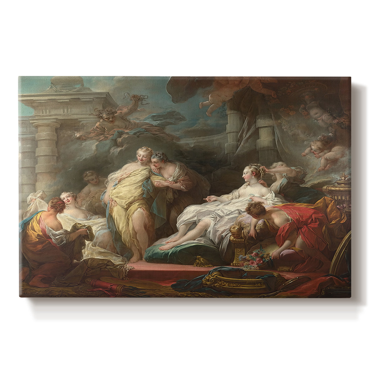 Canvas art print portraying a group of women gathered indoors in ornate setting presenting gifts, set against a white background