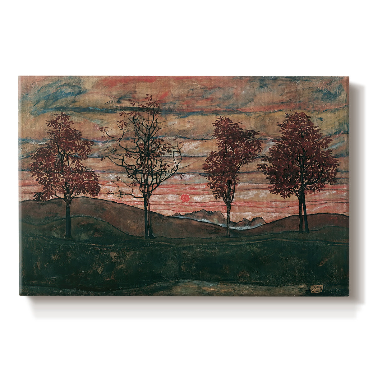 Canvas art print portraying four trees standing in open landscape against colorful sky, set against a white background