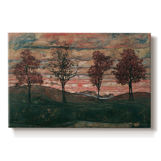 Canvas art print portraying four trees standing in open landscape against colorful sky, set against a white background