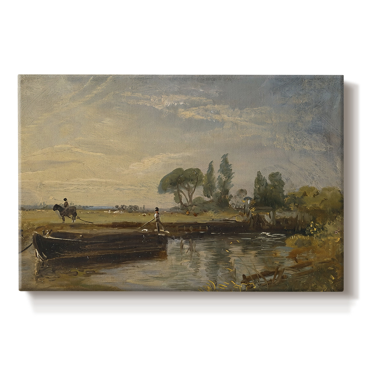Canvas art print portraying a barge floating on river near lock with greenery, set against a white background