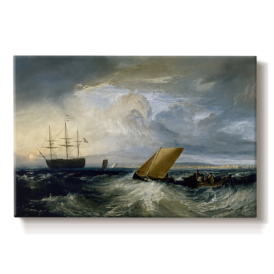 Canvas art print portraying a coastal scene with ships and distant shoreline, set against a white background