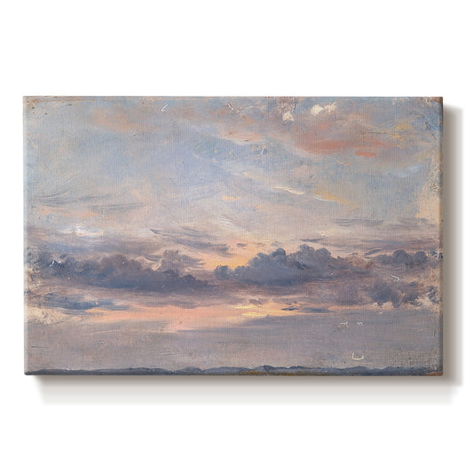 Canvas art print portraying a sky filled with warm sunset clouds over low horizon, set against a white background