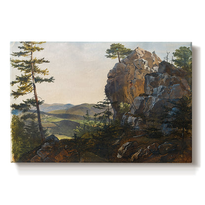 Canvas art print portraying rock formations within forested landscape, set against a white background