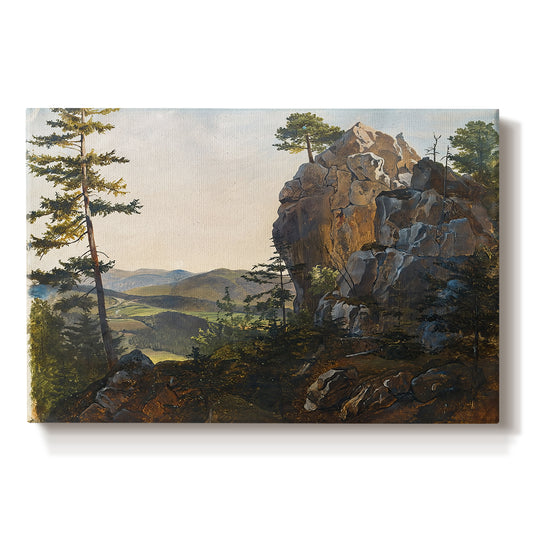 Canvas art print portraying rock formations within forested landscape, set against a white background