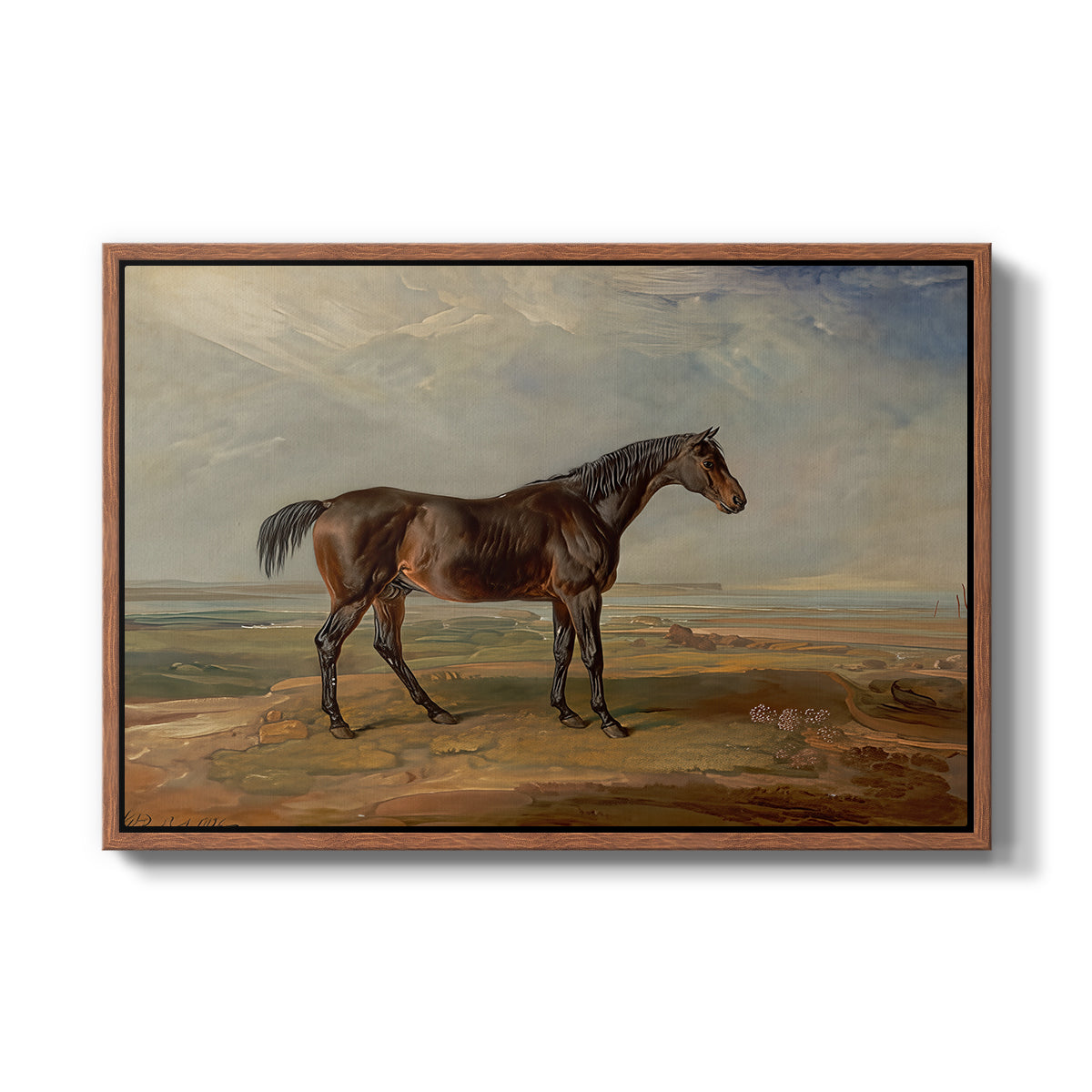 Dr. Syntax, a Bay Racehorse, Standing in a Coastal Landscape, an Estuary Beyond, c. 1820 - Floater Framed Canvas Print