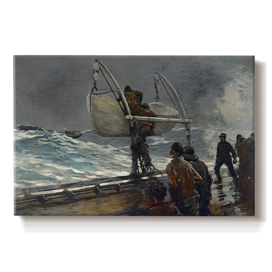 Canvas art print portraying figures gathered on rocky shore signaling toward sea with ship in distance, set against a white background
