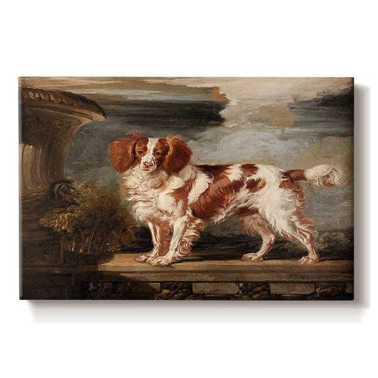 Canvas art print portraying a spaniel dog resting in landscape with attentive expression, set against a white background