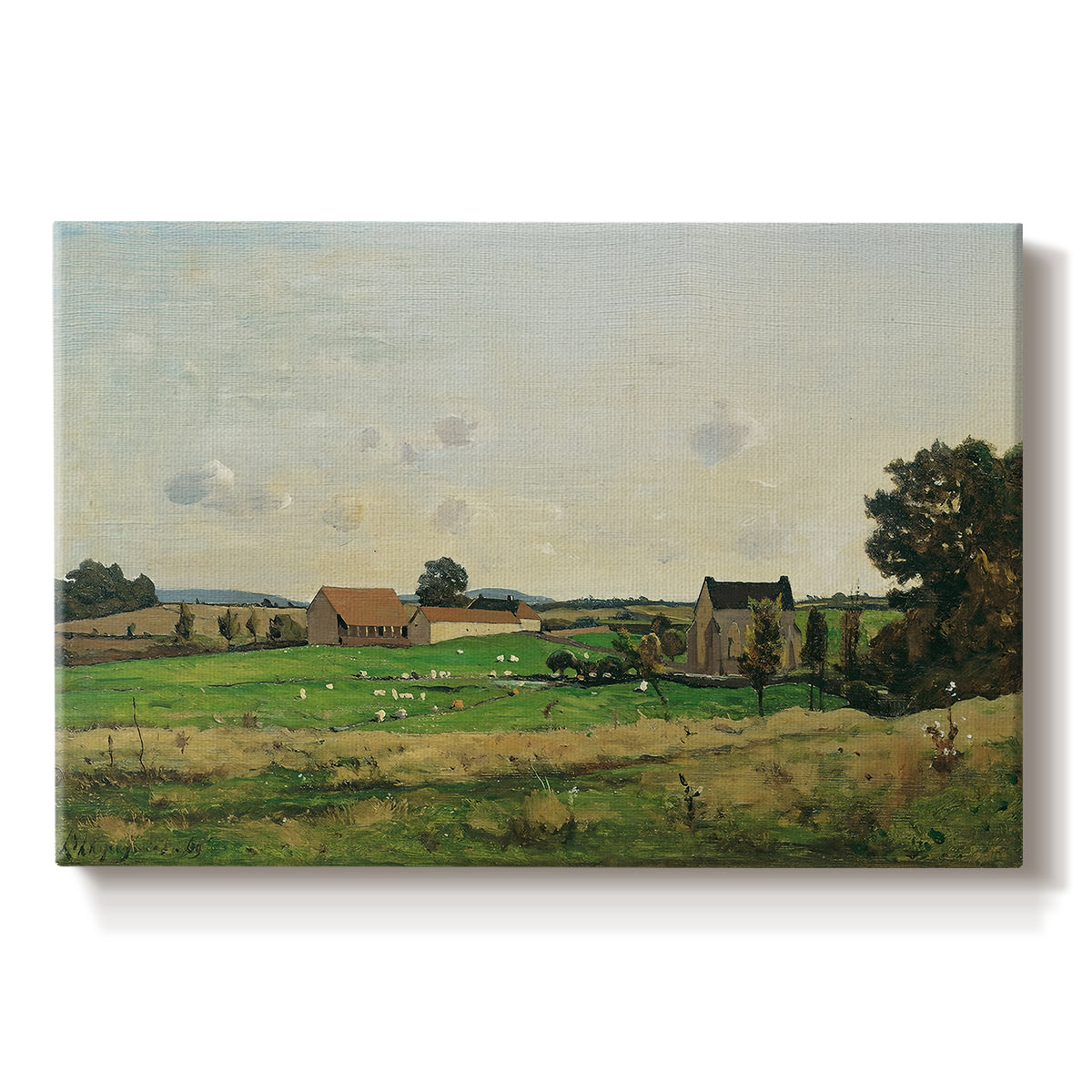 Canvas art print portraying an estate building surrounded by trees and open pastoral landscape, set against a white background