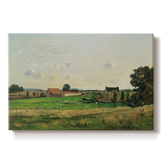 Canvas art print portraying an estate building surrounded by trees and open pastoral landscape, set against a white background