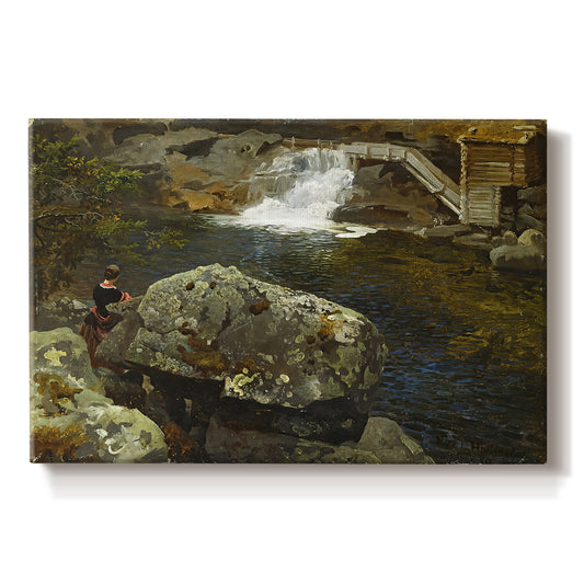 Canvas art print portraying a small pond beside mill surrounded by trees and greenery, set against a white background