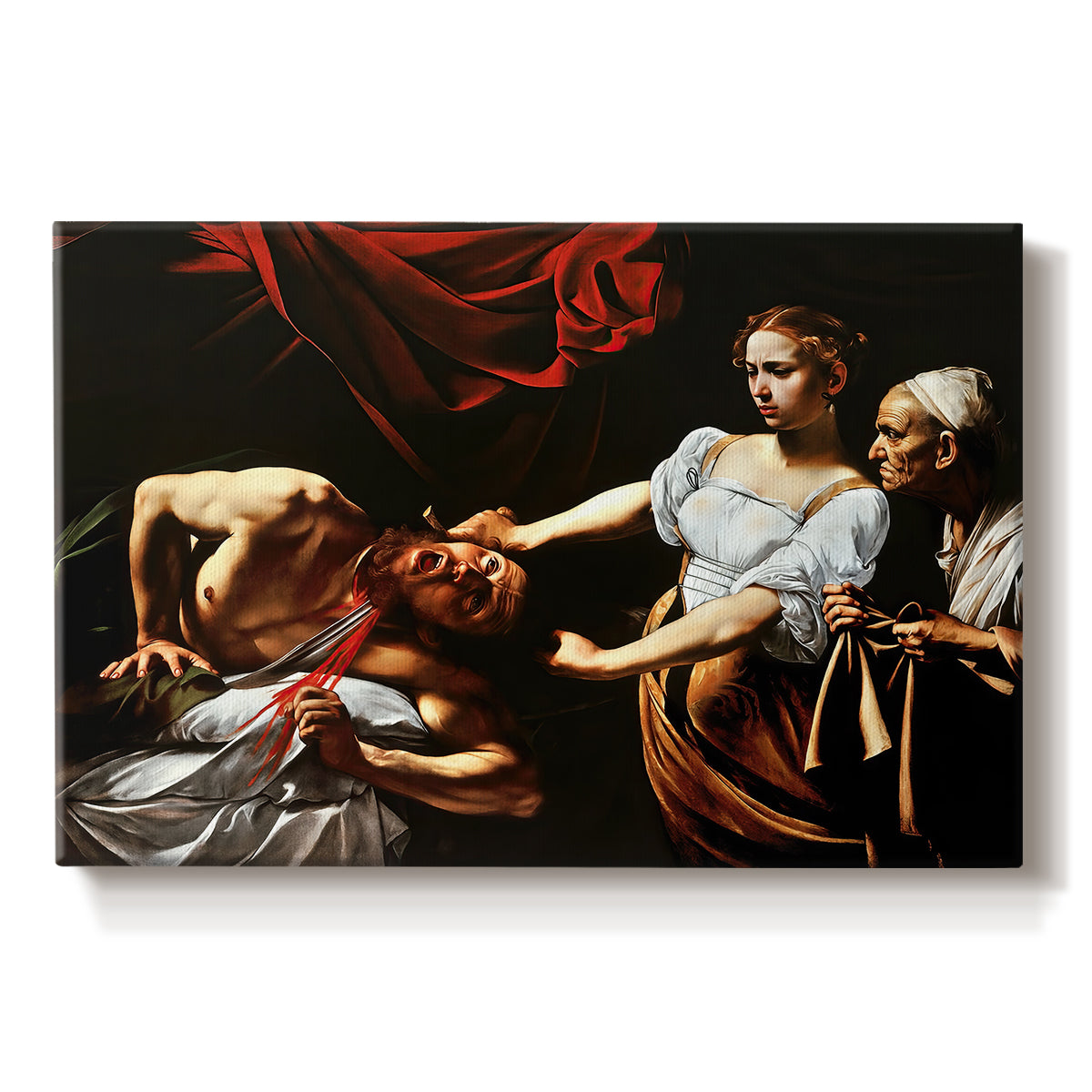 Canvas art print portraying Judith cutting off Holofernes' head as maidservant assists beside her, set against a white background