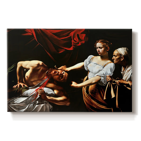 Canvas art print portraying Judith cutting off Holofernes' head as maidservant assists beside her, set against a white background