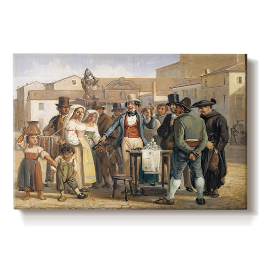 Canvas art print portraying a street scene with crowd gathered around vendor demonstrating product, set against a white background