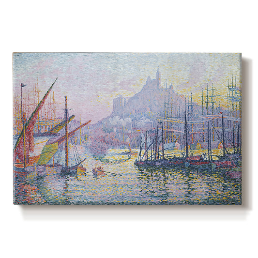 Canvas art print portraying a busy harbor filled with boats and waterfront, set against a white background