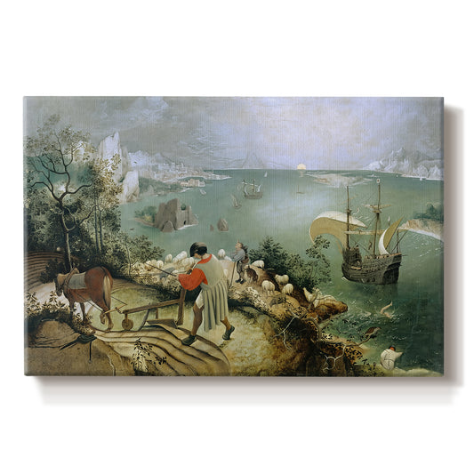 Canvas art print portraying a wide landscape with small figure falling into sea, set against a white background