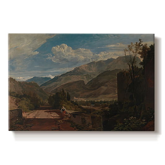 Canvas art print portraying a mountain landscape with town and river under dramatic sky, set against a white background