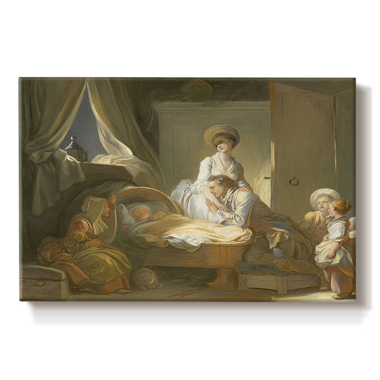 Canvas art print portraying a domestic interior with figures gathered around child in cradle, set against a white background