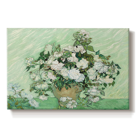 Canvas art print portraying a cluster of roses arranged in soft still life with light background, set against a white background
